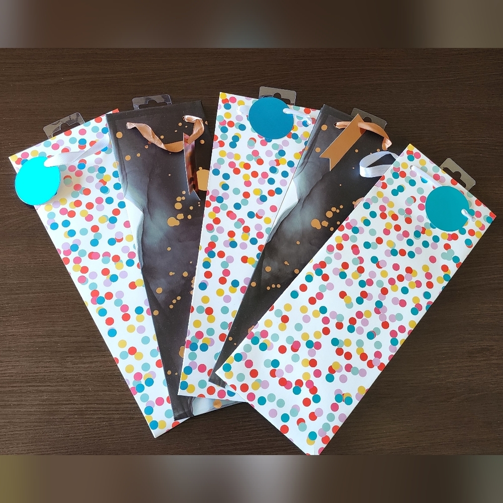 Colorful Polka Dot Gift Bags Lot, Metallic Foil Accents, Ribbon Handles, NEW!